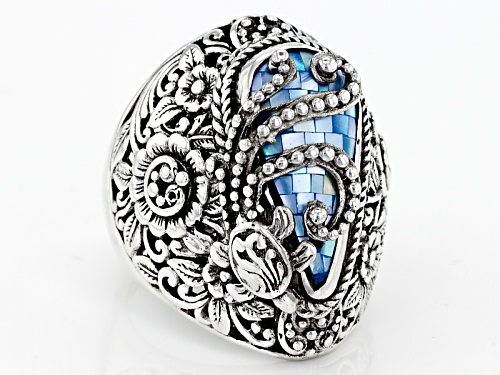 Artisan Collection Of Bali™ Aqua Color Mosaic Mother Of Pearl Solitaire Silver Turtle Ring - Size 5