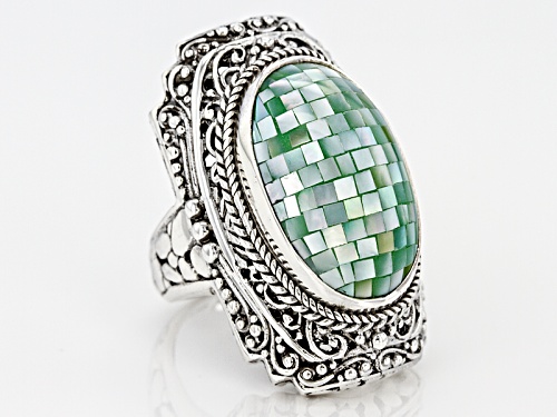 Artisan Collection Of Bali™ 24x15mm Oval Mosaic Green Mother Of Pearl Sterling Silver Ring - Size 5