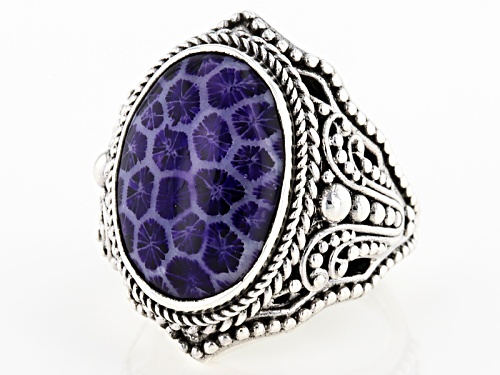 Artisan Collection Of Bali™ 20x14mm Oval Purple Indonesian Coral Silver Solitaire Ring - Size 12