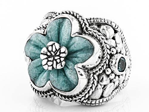 Artisan Collection Of Bali™ 18mm Carved Quartzite Flower And 0.60ctw Swiss Blue Topaz Silver Ring - Size 12