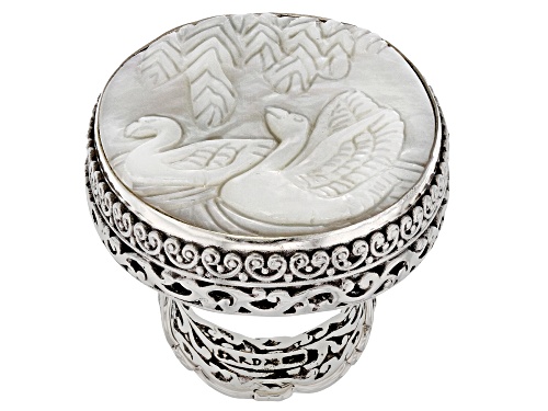 Artisan Collection Of Bali™ 40x30mm Oval White Carved Mother Of Pearl Swans Silver Ring - Size 7