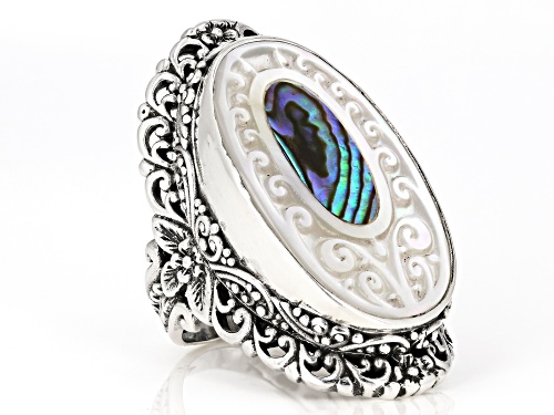 Artisan Collection Of Bali™ 28x17mm Carved Mother Of Pearl With Inlaid Paua Shell Ring - Size 7
