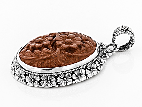 Artisan Collection Of Bali™ 40x30mm Oval Carved Red Jasper Floral Solitaire Silver Pendant