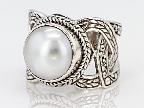 Artisan Collection Of Bali™ 12mm Round Cultured White Mabe Pearl Solitaire Silver Band Ring - Size 12