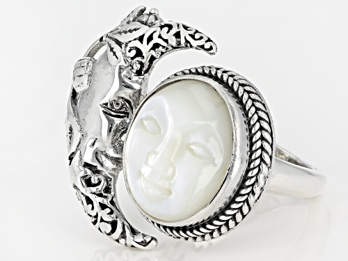 Artisan Collection Of Bali™ Carved White Mother Of Pearl Face Silver Celestial Solitaire Ring - Size 7