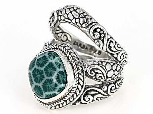 Artisan Collection Of Bali™ 11mm Square Cushion Forest Green Indonesian Coral Silver Ring - Size 6