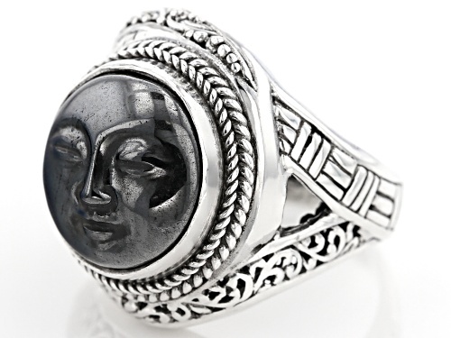 Artisan Collection Of Bali™ 14mm Round Carved Hematine Face Sterling Silver Solitaire Ring - Size 6