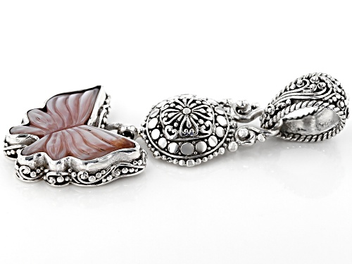 Artisan Collection Of Bali™ Custom Shape, Carved Pink Mother Of Pearl Butterfly Silver Pendant