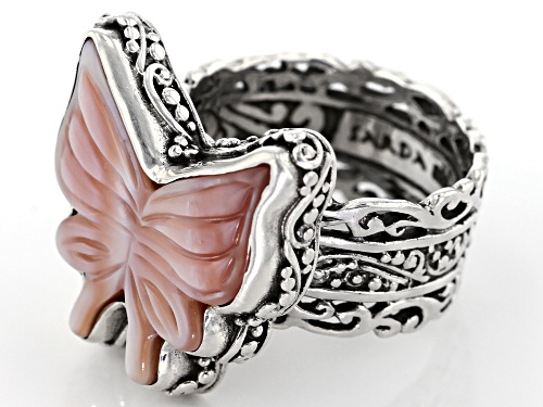 Artisan Collection Of Bali™ Custom Shape, Carved Pink Mother Of Pearl Butterfly Silver Ring - Size 12