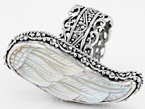 Artisan Collection Of Bali™ Custom Shape Carved Mother Of Pearl Angel Wing Silver Band Ring - Size 7