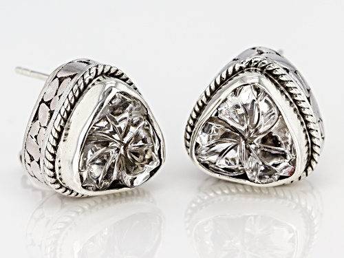 Artisan Collection Of Bali™ 10.88ctw Trillion, Carved White Quartz Flower Silver Stud Earrings