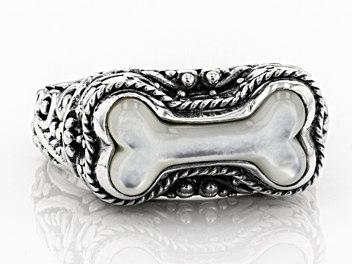 Artisan Collection Of Bali™ Custom Shape, Carved White Mother Of Pearl Dog Bone Silver Ring - Size 12