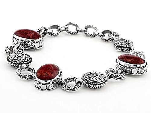 Artisan Collection Of Bali™ 16x11mm Oval Red Indonesian Sponge Coral Silver Floral Bracelet - Size 6.5