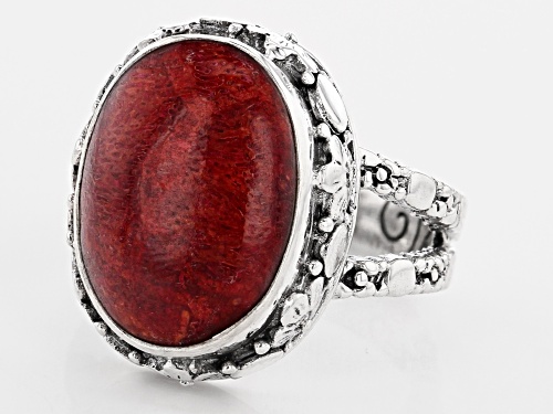 Artisan Collection Of Bali™ 17x13mm Oval Red Indonesian Sponge Coral Silver Floral Ring - Size 7