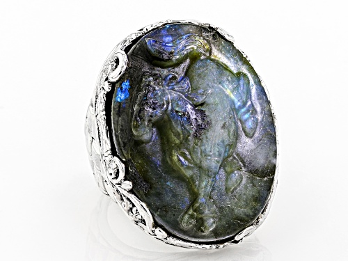 Artisan Collection Of Bali™ 30x22mm Oval Carved Labradorite Doublet Silver Horse Solitaire Ring - Size 7