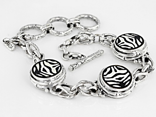 Artisan Collection Of Bali™ Mosaic Mother Of Pearl & Black Onyx Zebra Print Inlay Silver Bracelet - Size 7