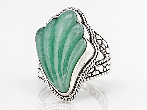 Artisan Collection Of Bali™ 24x16mm Custom Shape, Carved Green Quartzite Fan Silver Solitaire Ring - Size 8