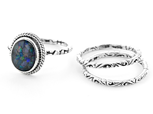 Artisan Collection Of Bali™ 10x8mm Oval Crushed Opal Doublet Silver Ring Set Of Three - Size 8