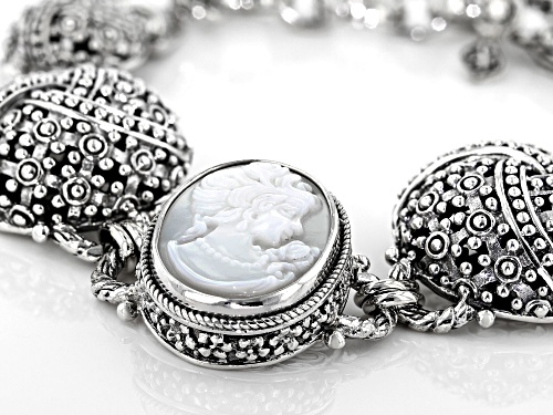 Artisan Collection Of Bali™ 20x15mm Oval, Carved White Mother Of Pearl Cameo Silver Bracelet - Size 7
