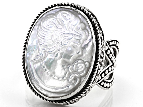 Artisan Collection Of Bali™ 20x15mm Oval, Carved White Mother Of Pearl Cameo Silver Ring - Size 8