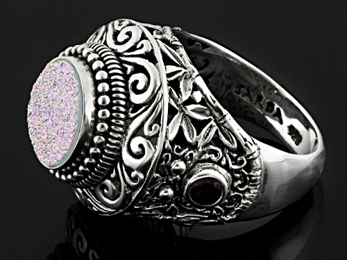 Artisan Gem Collection Of Bali™ Round Snow Drusy Quartz And .40ctw Round Rhodolite Silver Ring - Size 5