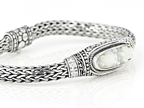 Artisan Collection Of Bali™ 29x9mm Oval, Carved White Mother Of Pearl Turtle Silver Bracelet - Size 7