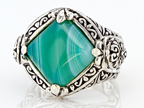 Artisan Collection Of Bali™ 12mm Square Cushion Green Banded Agate Silver Solitaire Ring - Size 7