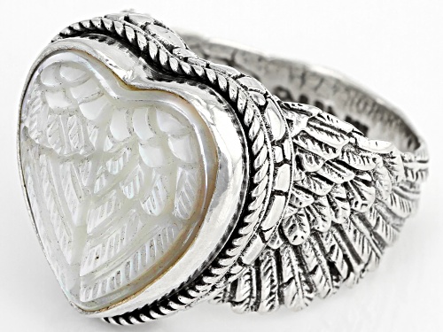 Artisan Collection Of Bali™ Carved White Mother Of Pearl Heart Sterling Silver Angel Wing Ring - Size 7