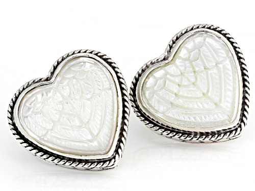 Artisan Collection Of Bali™ Carved White Mother Of Pearl Heart Silver Angel Wing Stud Earrings