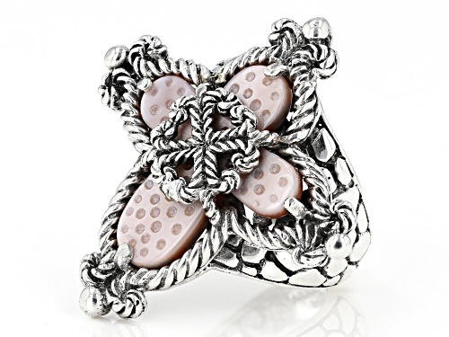 Artisan Collection Of Bali™ 20x18mm Carved Pink Mother Of Pearl Cross Silver Solitaire Ring - Size 10