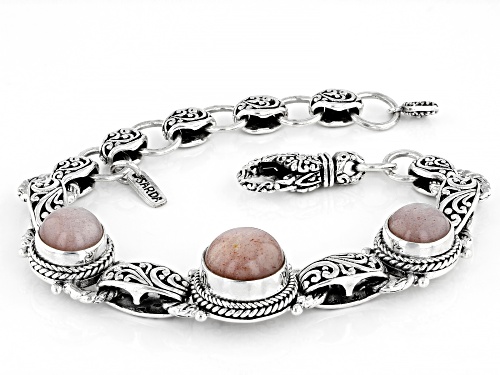 Artisan Collection Of Bali™ 10mm and 12mm Round Peach Moonstone Cabochon Silver Bracelet - Size 6.5