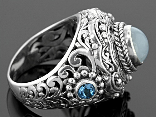 Artisan Collection Of Bali™ 8mm Oval Cabochon Aquamarine With .40ctw Swiss Blue Topaz Silver Ring - Size 4