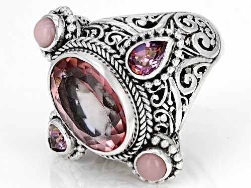 Artisan Collection Of Bali™ 5.62ctw Sudsy Sells™  Quartz, Pink Opal, Magnifique Sunrise™ Silver Ring - Size 9