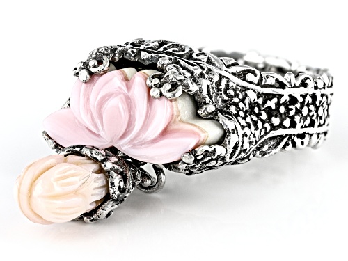 Artisan Collection of Bali™ Carved Pink Conch Shell Silver Lily Flower Ring - Size 7