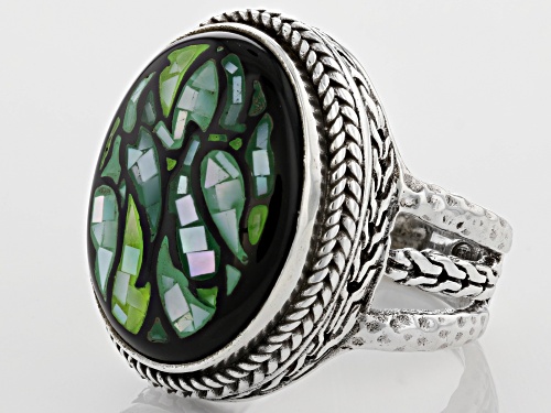 Artisan Collection of Bali™ 20x15mm Green Mosaic Mother-of-Pearl Silver Leaf Ring - Size 8