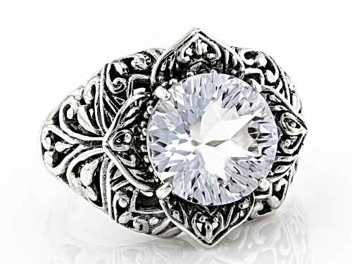 Artisan Gem Collection Of Bali™ 5.70ct 12mm Round Crystal Quartz Silver Floral Solitaire Ring - Size 12