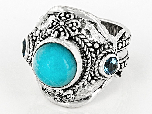 Artisan Collection of Bali™ 10mm Amazonite And .54ctw Swiss Blue Topaz Silver Ring - Size 7