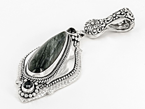Artisan Collection of Bali™ 30X10mm Eagle Eye Quartz & 0.68ctw Black Spinel Silver Enhancer Pendant