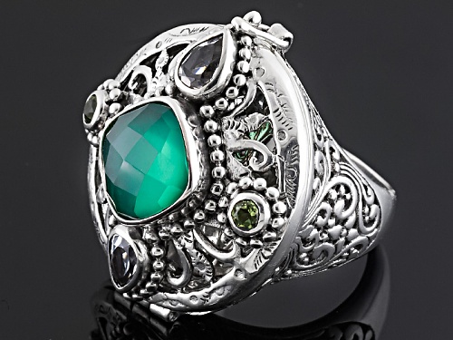 Artisan Collection Of Bali™10mm Green Onyx Doublet, 1.16ctw White Topaz And Peridot Silver Ring - Size 12