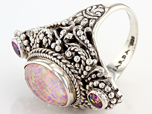 Artisan Gem Collection Of Bali™ Pink Opal Simulant Doublet And .50ctw Mystic Topaz® Silver Ring - Size 6