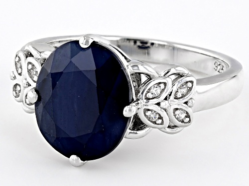 3.50ct Oval Blue Sapphire With 0.07ctw Round White Zircon Rhodium Over Sterling Silver Ring - Size 10
