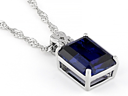 3.43ct Rectangular Lab Created Blue Sapphire Rhodium Over Sterling Silver Pendant with Chain