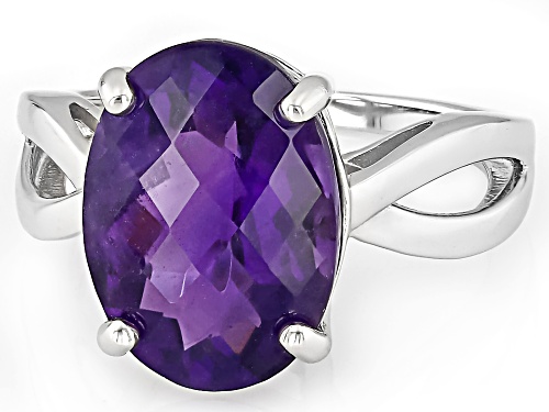 6.09ct Oval Checkboard Cut African Amethyst Rhodium Over Sterling Silver Solitaire Ring - Size 6