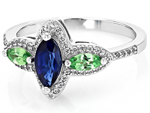 .68ct Nepalese Kyanite, .32ctw Mint Tsavorite With .22ctw White Zircon Rhodium Over Silver Ring - Size 10