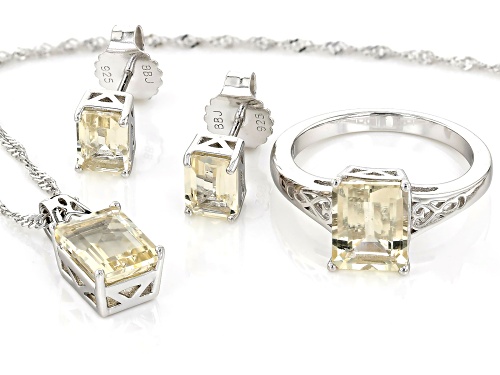 6.95ctw Rectangular Yellow Labradorite Rhodium Over Silver Ring,Earrings, Pendant With Chain