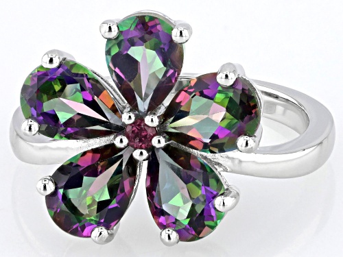 3.40ctw Mystic Fire® Green Topaz with 0.04ctw Rhodolite Rhodium Over Sterling Silver Ring - Size 7