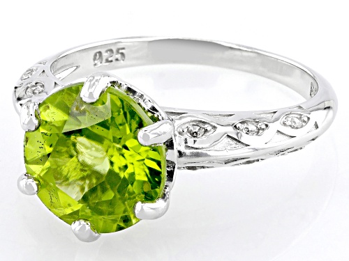 3.00ct Round Manchurian Peridot™ With 0.09ctw White Zircon Rhodium Over Sterling Silver Ring - Size 9