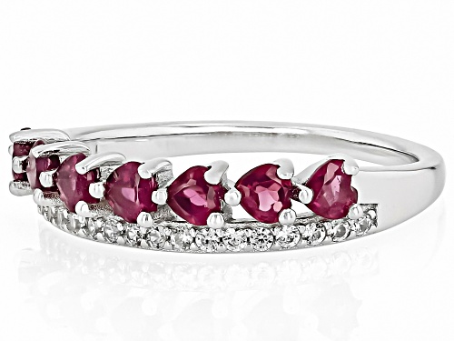 0.90ctw Heart Raspberry Rhodolite With .18ctw White Zircon Rhodium Over Silver Band Ring - Size 7