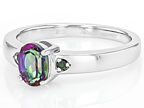 0.80ct Oval Mystic Topaz With 0.02ctw Green Diamond Accent Rhodium Over Sterling Silver Ring - Size 8