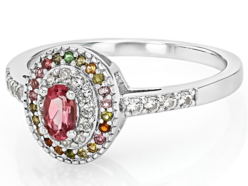 0.19ct Oval Pink Tourmaline, .07ctw Multi Tourmaline With .23ctw Zircon Rhodium Over Silver Ring - Size 9